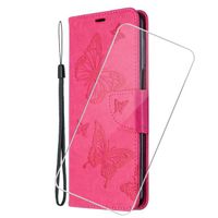 Verre trempé+Housse pour Xiaomi Redmi Note 13 4G, Coque Protection en Cuir PU Magnétique Flip Portefeuille Etui, Papillon rose BFLD