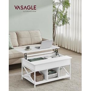 TABLE BASSE Table Basse - VASAGLE - Plateau Relevable - Rangement Ouvert - Compartiment Caché - Blanc Neige et Blanc