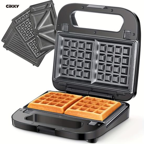Appareil 3 En 1 Croque-Monsieur, Gaufrier & Grill – Plaques Amovibles Anti-Adhésives & Température Réglable