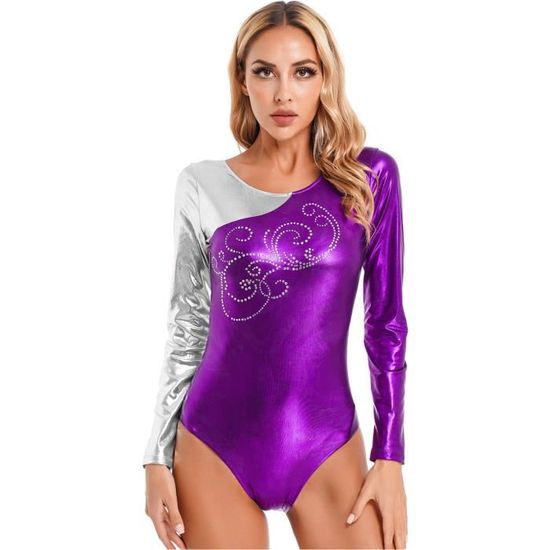 Combinaison Sport Femme Agoky à Manches Longues Avec Strass - Body Patinage, Gymnastique, Danse | Taille S à XXL, Dos Ouvert à Bretelles