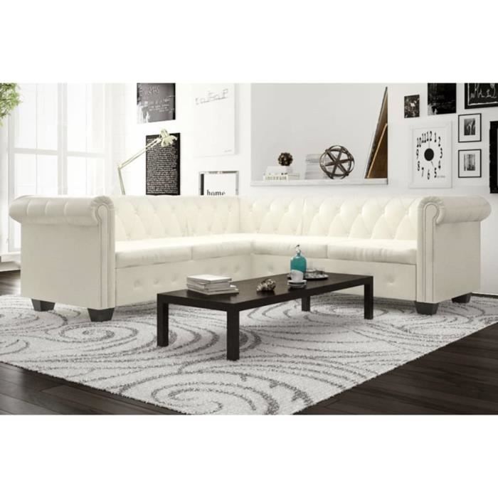 Canapé d'angle 5 places Blanc Cuir Luxe Chesterfield Confort