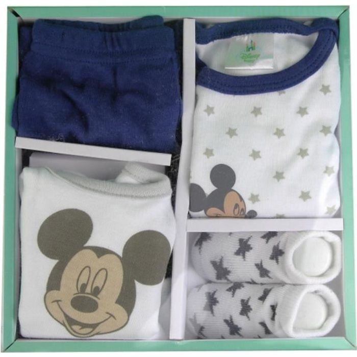 Coffret Cadeau Bébé Disney Garcon Mickey Blanc et Bleu 4 pièces de la naissance à 6 mois