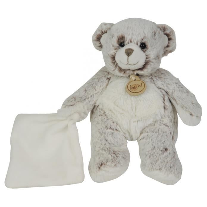 Babynat - Les Flocons - Doudou ours brun chiné - Pantin mouchoir blanc - Peluche bébé 22 cm garçon ou fille