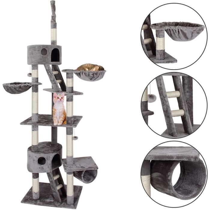 Arbre à chat extra haut gris - Griffoir cabane nacelle - Fixation au plafond