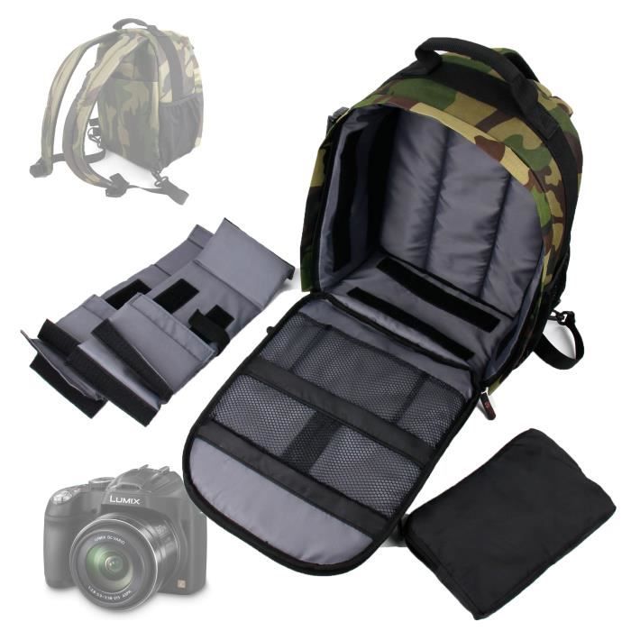 Sac à dos de transport et de rangement pour appareil photo Panasonic Lumix DMC-FZ72 et DMC-LZ30E - motif camouflage vert tendance