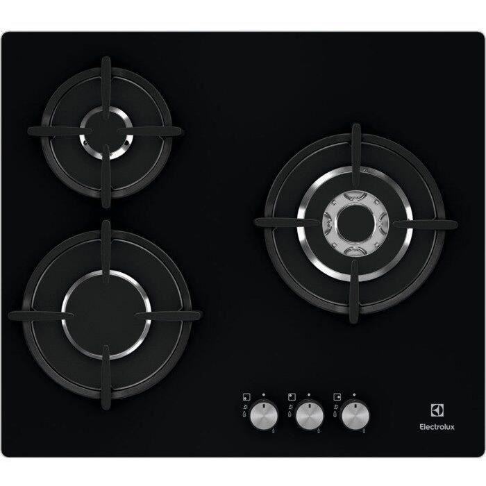 ELECTROLUX EGT6633NOK - Plaque de cuisson gaz - 3 foyers - 7900W - L56 x P48 x H4,5cm - Revêtement verre - Grilles en fonte - Noir
