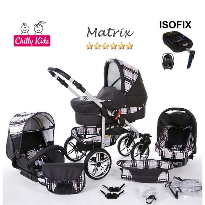 Matrix 2 Set année Poussette Combinée 4en1 ISOFIX Nacelle Siège Auto Poussette Canne graphite & carreaux & couture rose