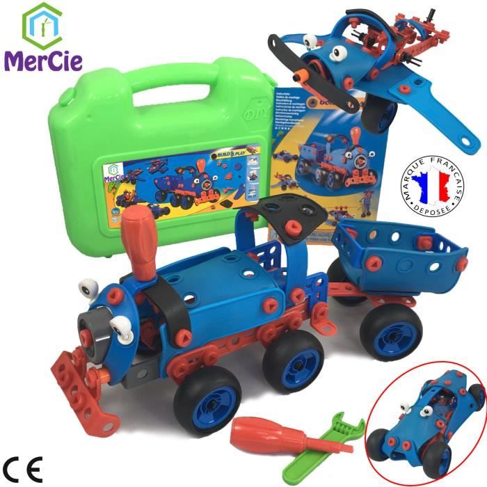 Jeu de construction 6 en 1- 130 pcs pour construire train voiture avion hélicoptère engin. Outils + livret détaillé. De 5 à 9 ans
