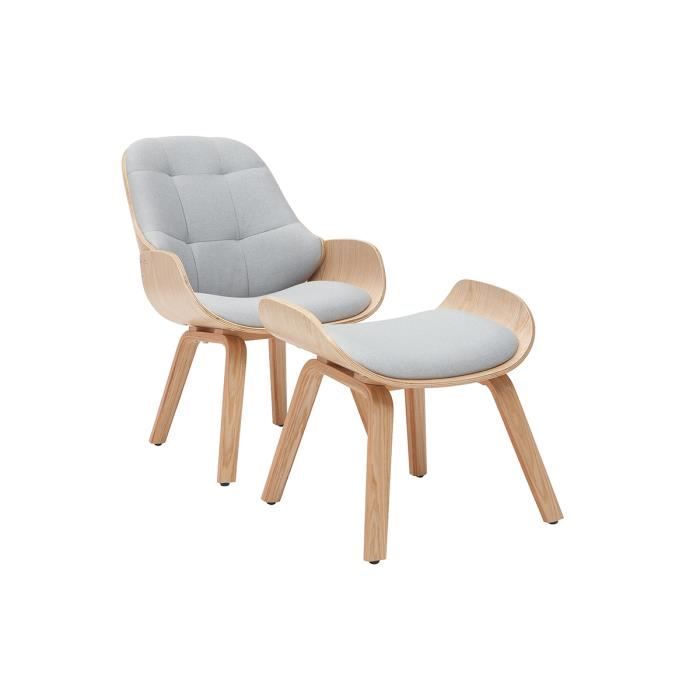 Miliboo - Fauteuil design avec repose-pieds tissu gris clair et bois VIVI