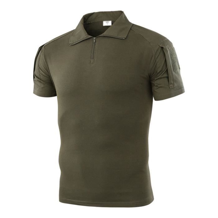 Hommes Slim Fit Impression Tee Shirt avec 1-4 Devant Zip Camouflage en Plein Vert XS