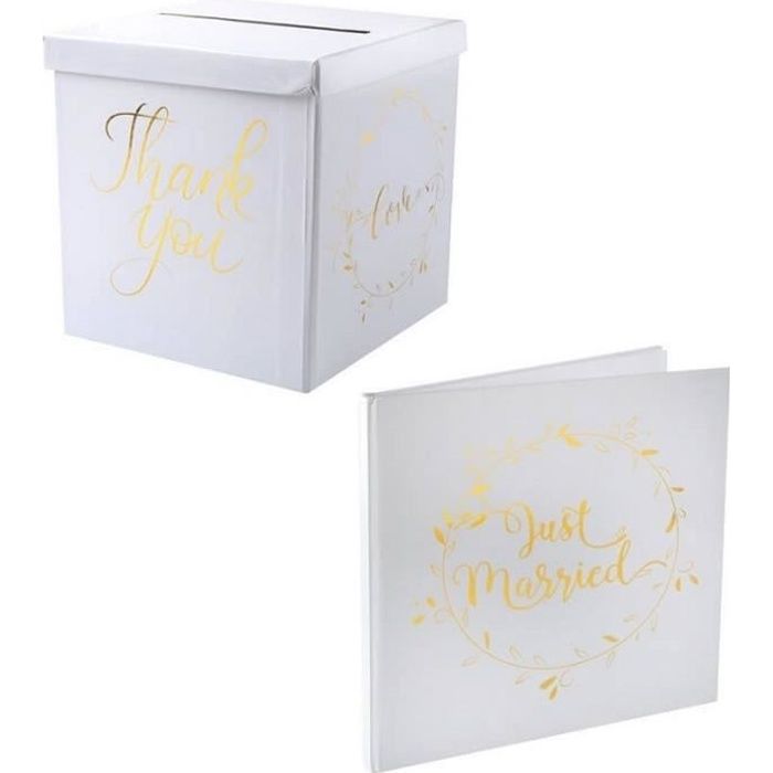 1 Pack Urne + livre d'or mariage just married blanc et doré métallique.