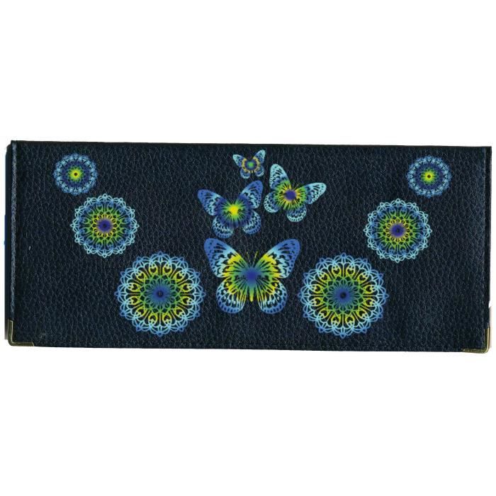 Porte chéquier long portefeuille noir porte carte motif Papillon Bleu Vert