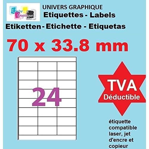 20 Planches de 24 étiquette autocollantes 70 x 34 mm = 480 étiquettes Blanc Mat pour imprimante Feuilles A4 étiquettes adhésive blan