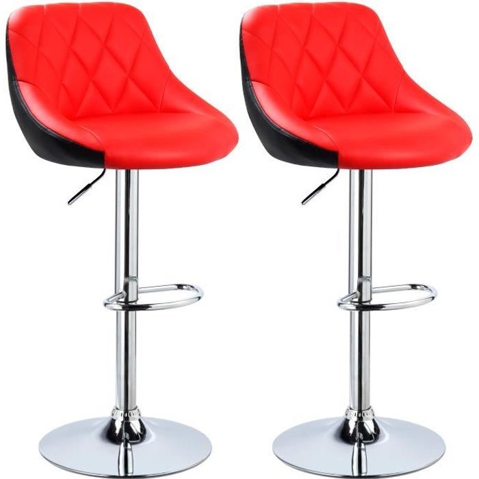 WOLTU 2 X Tabouret de bar en cuir artificiel, design 2 couleurs, siège bien rembourré, Rouge Noir