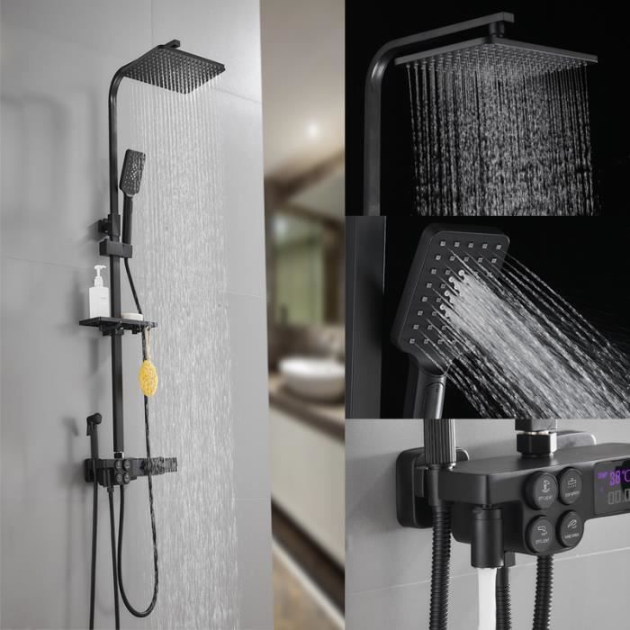 Colonne de Douche Avec Ecran LCD et Pistolet Système de Douche Hauteur Réglable - Noir