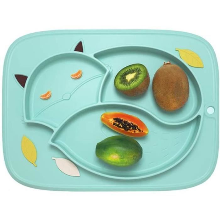 Set De Table Bébé En Silicone Avec Ventouses - Assiette Compartimentée Antiadhésive - 100% Sans BPA - Gris