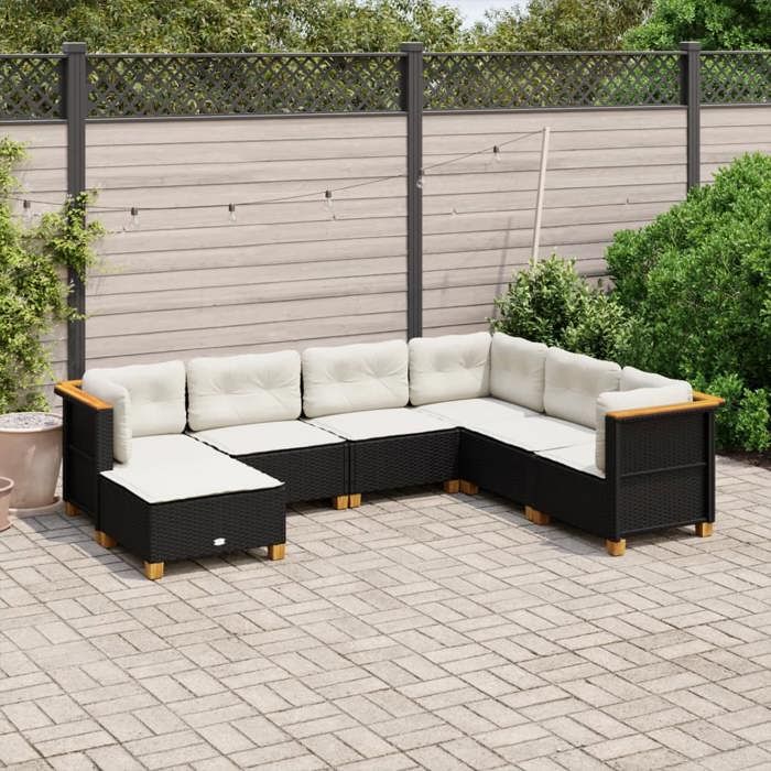 vidaXL Salon de jardin 7 pcs avec coussins noir résine tressée 3261935