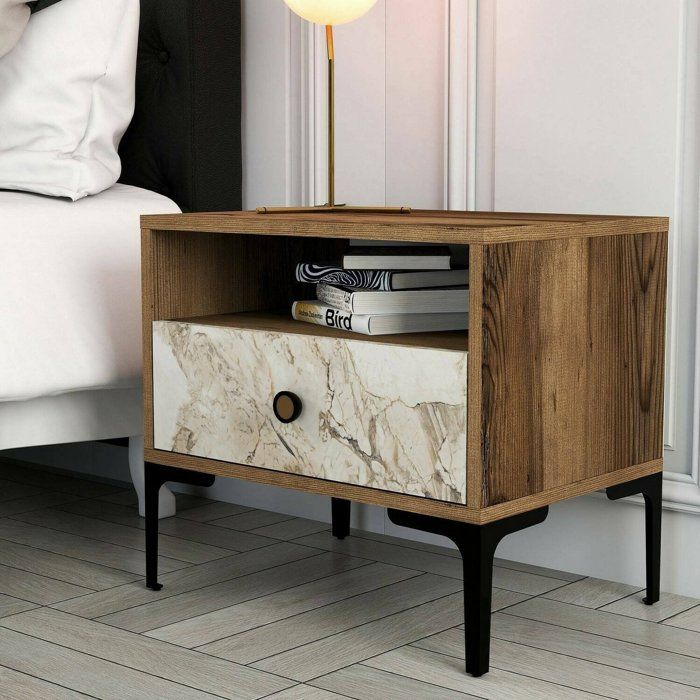 Dmora - Table de chevet Editta 56 x 40 x h 50 8 cm noyer marbre blanc Panneau effet bois Métal et Polypropylène Dmora - Table de chevet Editta 56 x 40 x h 50 8 cm noyer marbre blanc Panneau effet bois Métal et Polypropylène