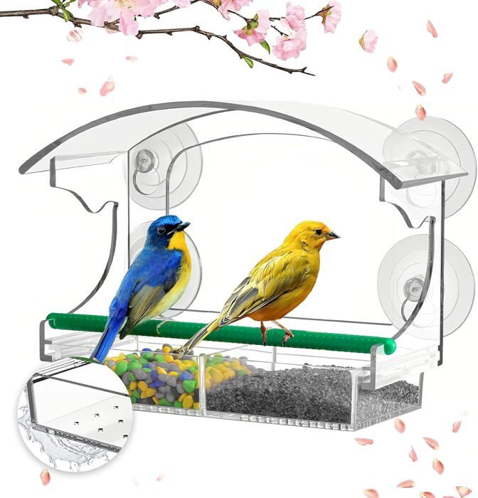 Mangeoire de fenêtre pour oiseaux : fenêtre transparente nourriture pour oiseaux avec ventouses et trous de drainagemaison