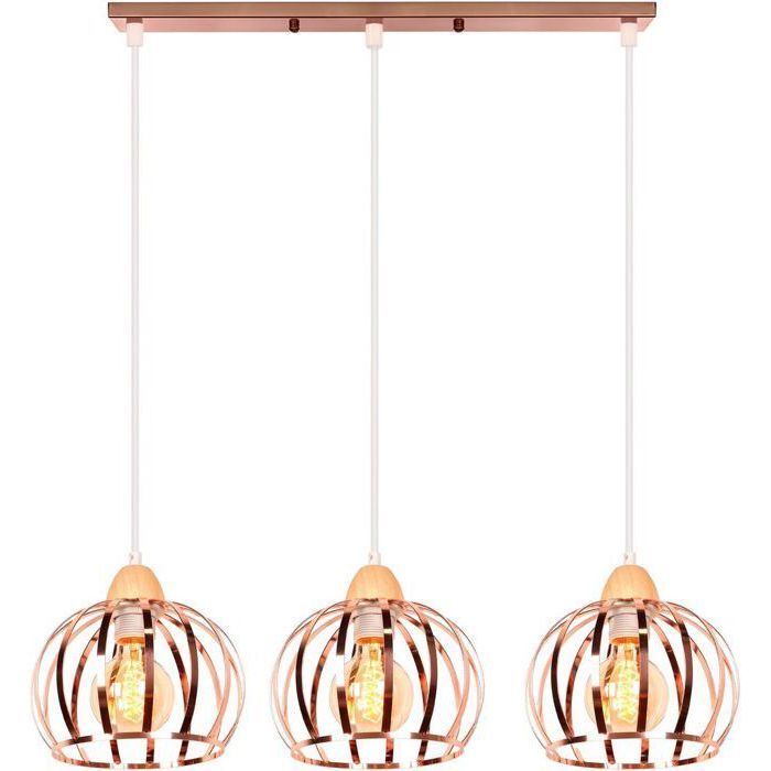 iDEGU 3 Lampes Suspension Vintage Lustre Plafonnier Industriel en Bois Métal Luminaire Design Cage Rétro Décoration déclairageNoir