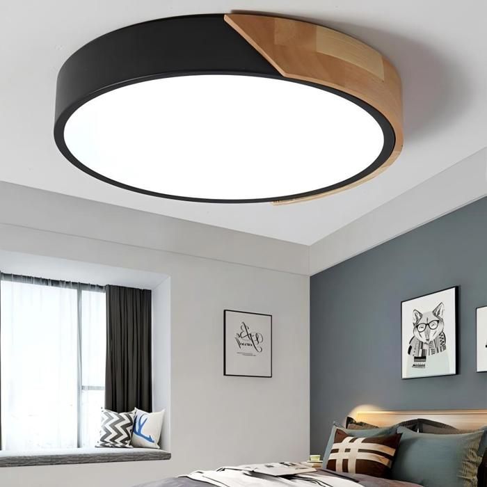 WOTTES Plafonnier en Bois Rond - LED Plafond Luminaire Moderne Pour Salon Chambre Couloir Cuisine - 30*30CM - Noir - Blanc Froid