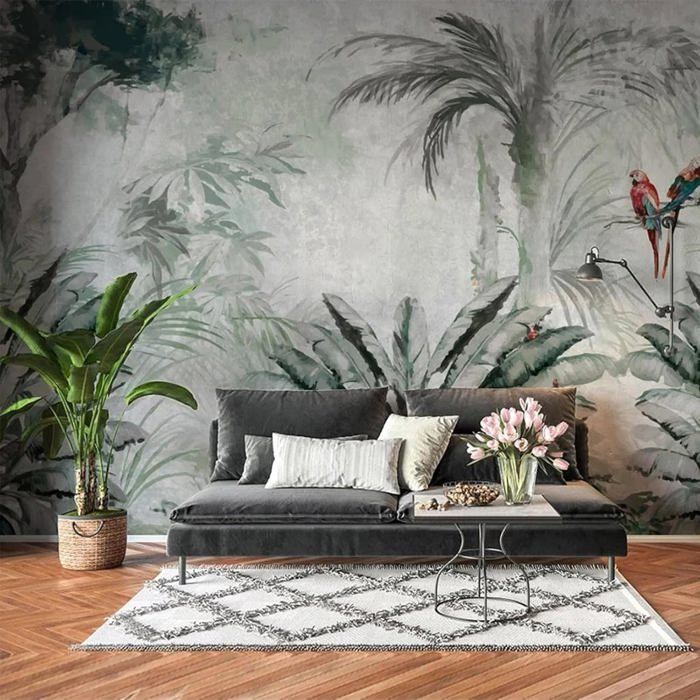 Papier peint Panoramique Feuilles de plantes tropicales dessinées à la ...