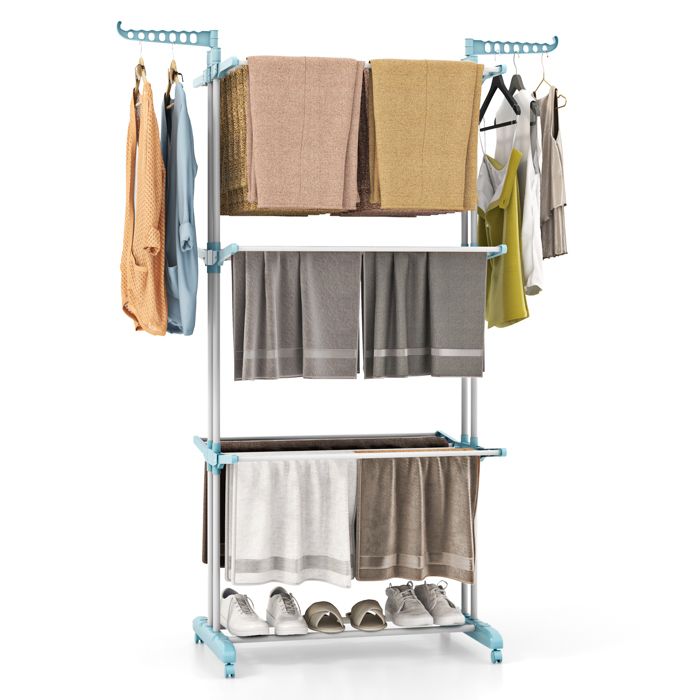 COSTWAY Etendoir à linge Mobile 4 Niveaux Séchoir à linge Pliable Ailes Latérales avec 2 Porte-Cintres Porte-Chaussures-Bleu