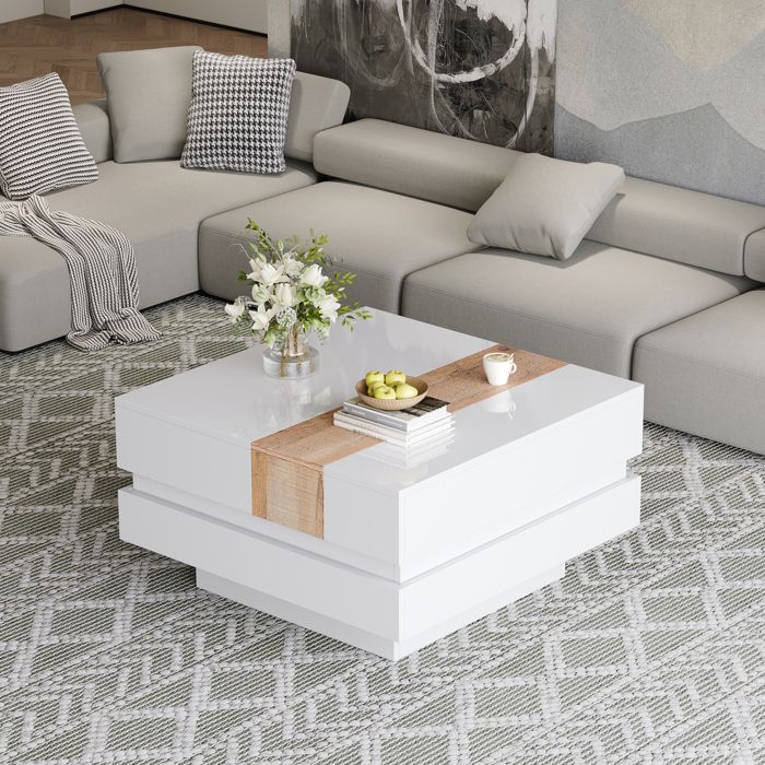 Table basse haute brillance 70x70x39cm - avec espace de rangement caché et étagère - blanc