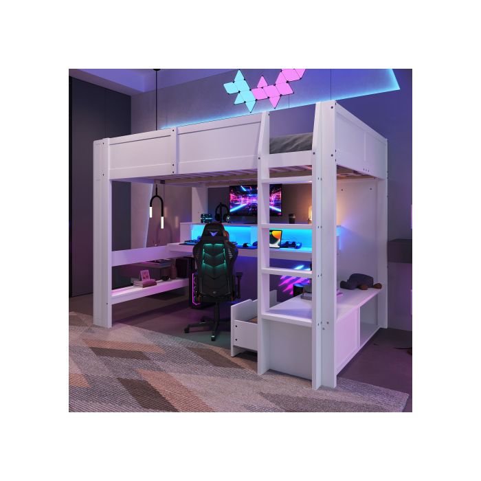 ®RisingFF Lit mezzanine 140 x 200 cm lit gaming avec bureau éclairage LED tiroir étagères sans matelas blanc