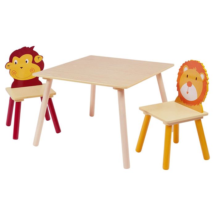 GINGER HOME Table Enfant + 2 Chaises en Bois – Thème ANIMALS – Jeu Dessin Repas Apprentissage – Pour Chambre ou Crèche
