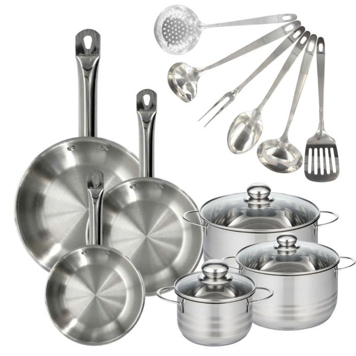 Set 3 poêles 20 24 et 28 cm en inox 3 faitouts inox 16 20 et 24 cm et 6 ustensiles inox Fackelmann Eterna