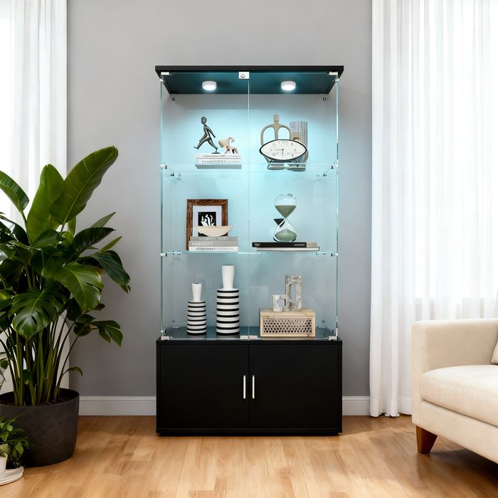 Vitrine En Verre Avec éclairage LED - 3 étagères, 1 Porte, Serrure, Pour Collections Et Décoration Salon