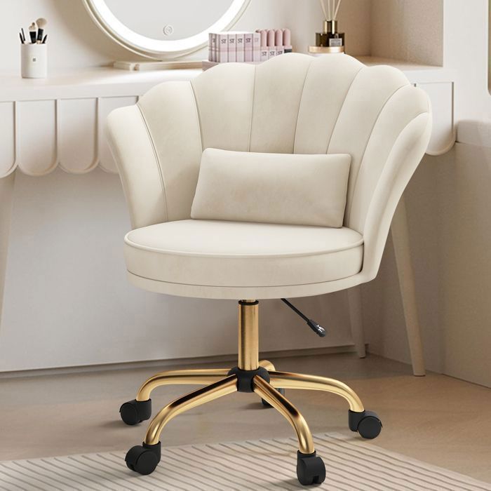 Chaise de Bureau en Velours avec Dossier, Chaise Pivotante Réglable, avec Pieds Dorés et Roulettes pour Maquillage ou Bureau,Beige