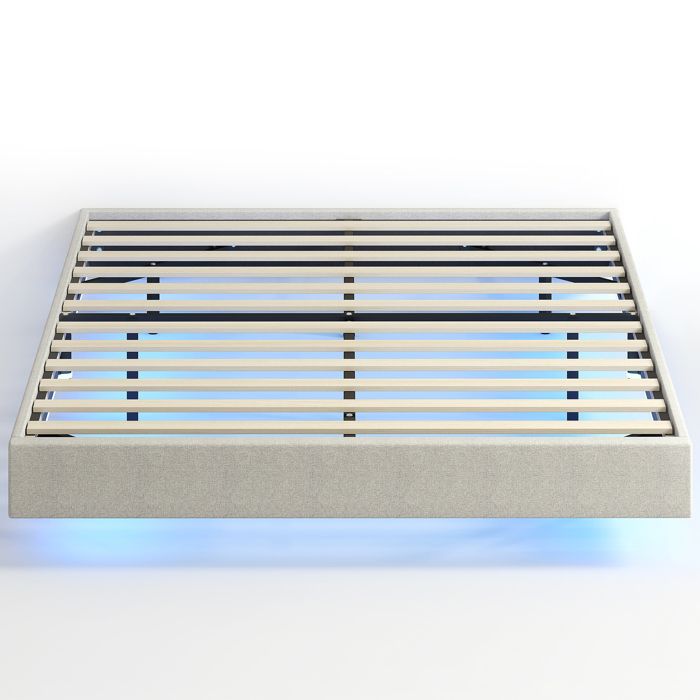 Cadre de lit - HOMCOM - flottant - 140 x 190 cm - éclairage LED - sommier à lattes en bois - rembourré en lin - beige Cadre de lit - HOMCOM - flottant - 140 x 190 cm - éclairage LED - sommier à lattes en bois - rembourré en lin - beige