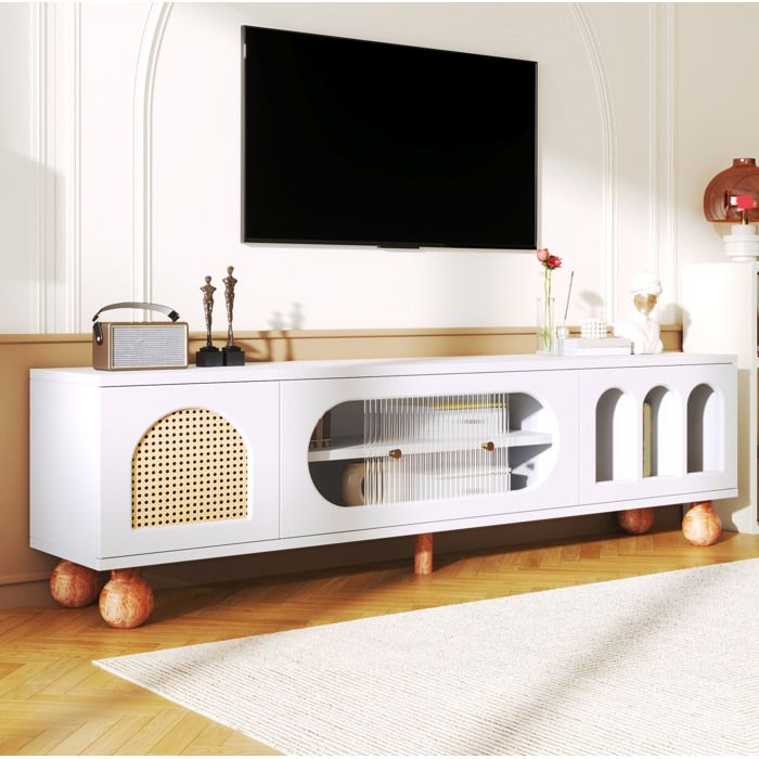 Maisentiel Meuble TV bas 170 cm blanc et bois porte effet rotin verre coulissant et niches arquées