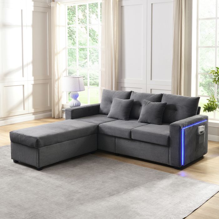 Combinaison de canapé avec repose-pieds amovible - MODERNLUXE - 184x84.5x85.5 cm - Avec poches latérales et LED - Gris