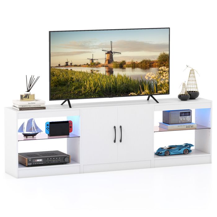 COSTWAY 65 Meuble TV LED avec 16 Couleurs 2 Portes Magnétique 4 Compartiments Ouverts pour Salon Chambre Blanc