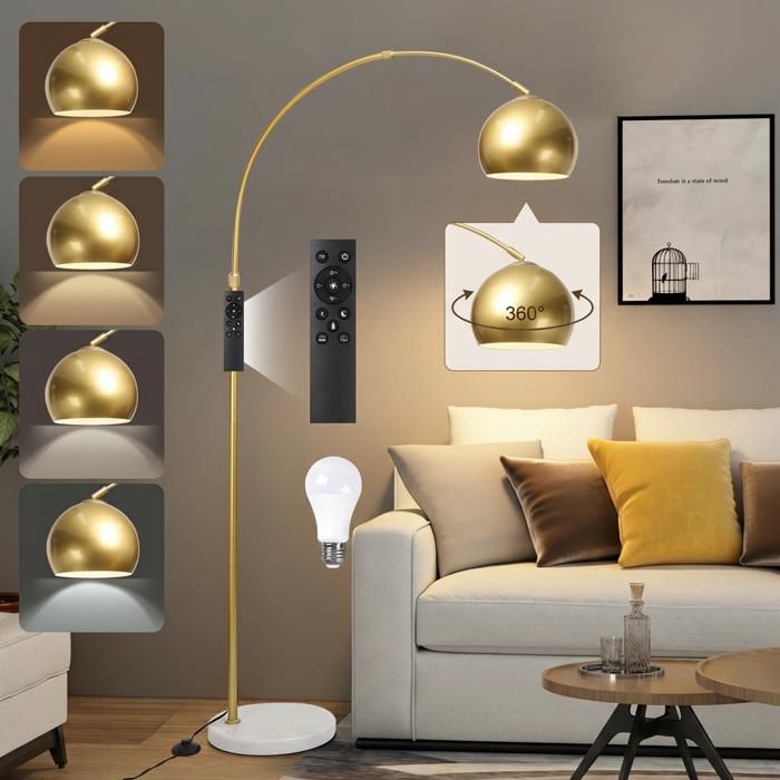 Lampadaire sur Pied Salon Luxe Arc Moderne Or Métal hauteur réglable 170-180 cm mémoire modes déclairage marbre massif dimmar
