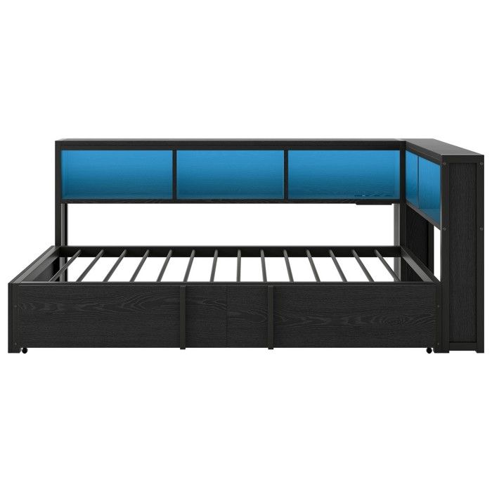Lit Simple Banquette-lit gigogne métal 90x200 cm noir - Avec rangements éclairage LED et ports USB - Sans Matelas Lit Simple Banquette-lit gigogne métal 90x200 cm noir - Avec rangements éclairage LED et ports USB - Sans Matelas