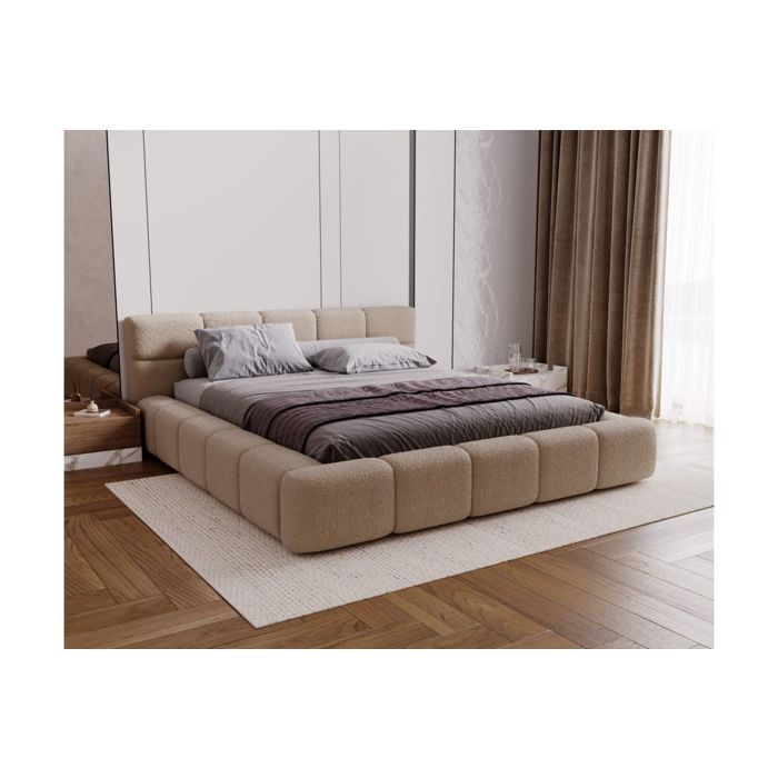 Cadre de lit avec coffre BELLO en tissu bouclette - Beige - Dimensions du couchage : 160 x 200 cm