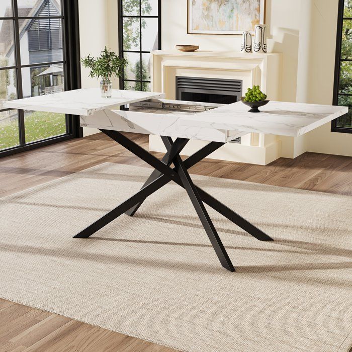 Table à Manger Extensible - 120–160 cm- Effet Marbre Blanc - Pieds Croisés en Métal Noir - pour Cuisine et Salle de Manger