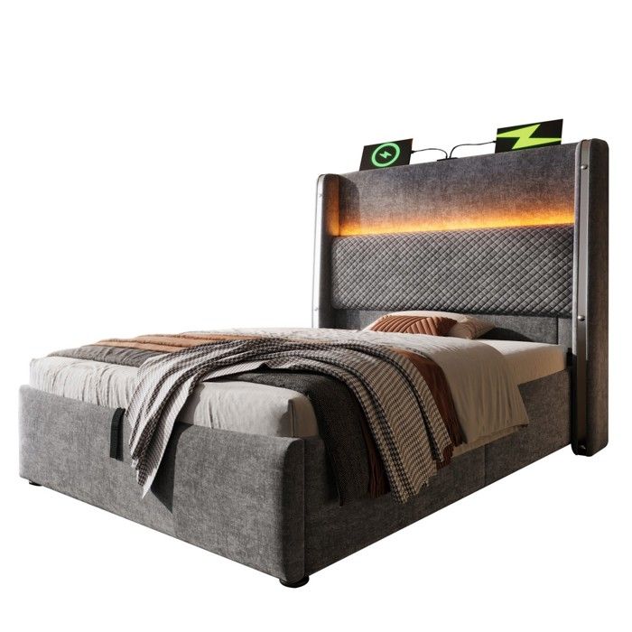 Tête de Lit Moderne avec Rangement Gris 90x200cm Hauteur surélevée LED Ports USB et Type-C Design Épuré Sans Matelas Tête de Lit Moderne avec Rangement Gris 90x200cm Hauteur surélevée LED Ports USB et Type-C Design Épuré Sans Matelas