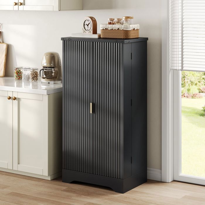Buffet Haute Noir - avec LED et Étagères Réglables - Double Porte - 120 x 605 x 40 cm - Placard de Cuisine - Armoire de Cuisine