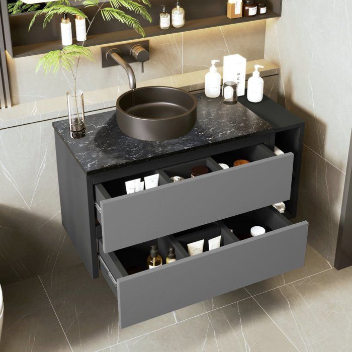Meuble vasque mural - LANGTU - 80 cm - Vasque céramique - Tiroirs - Noir et gris