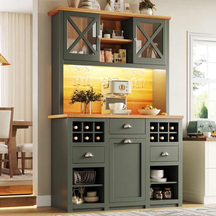 Buffet haut de cuisine 120x45x188 cm avec éclairage LED et prises intégrées MDF et verre vert antique