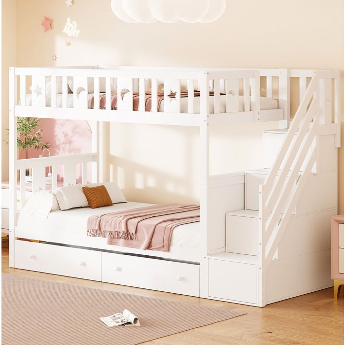 Lit superposé enfant blanc en bois massif avec escalier de rangement