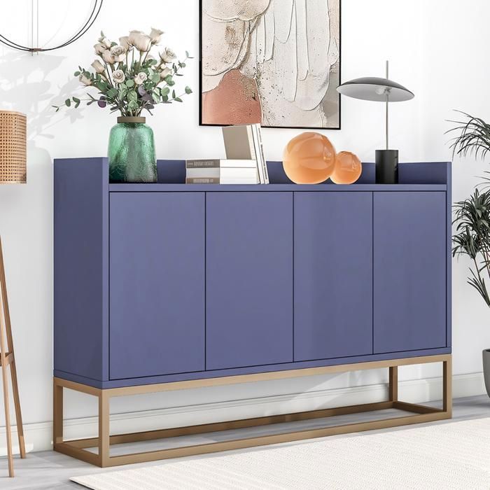 Buffet de Cuisine 133x40x80 cm Bois Bleu 4 Portes avec Rangement Design Minimaliste pour Cuisine
