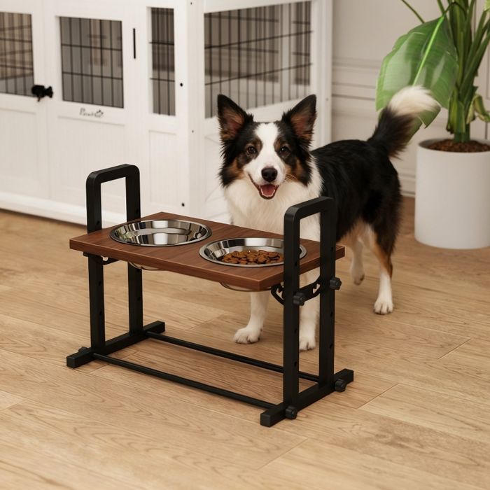 Support gamelle pour chien 4 hauteurs réglables 2 bacs inox 12L 3 angles brun