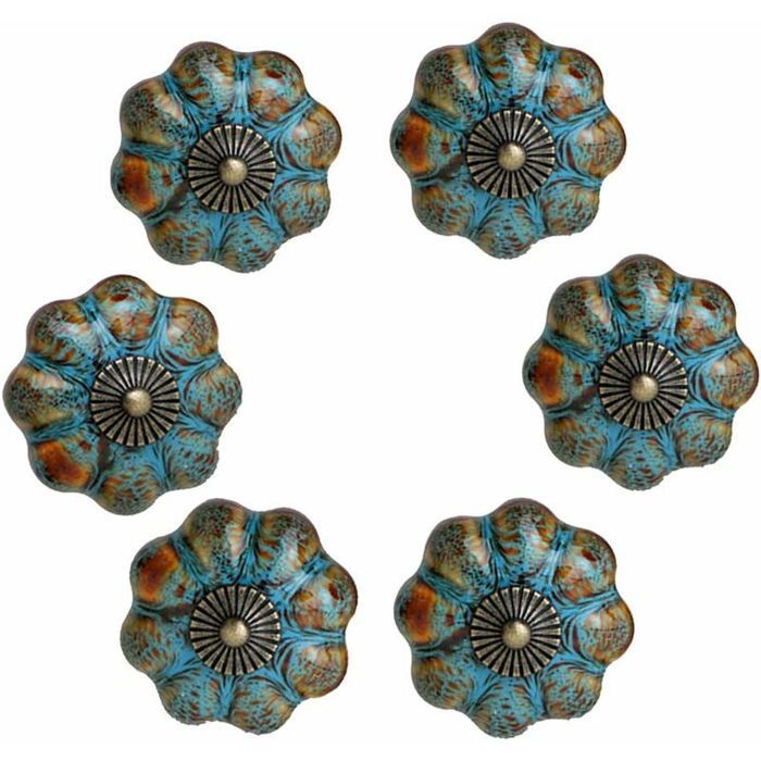 Poignées de porte en céramique - PZCC - Lot de 6 pièces - Bleu - Forme citrouille - Dimensions 4x39x28 cm