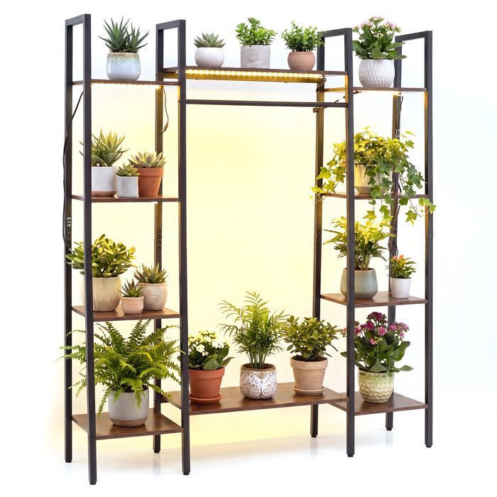 Porte-Plante avec 10 Étagères COSTWAY avec Ruban Lumineux à 7 Couleurs Télécommande Kits Anti-Basculement 120 x 295 x 141 CM